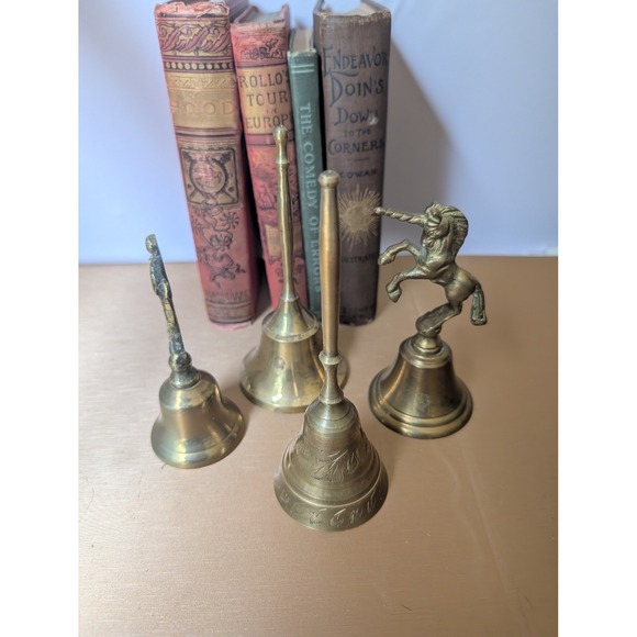 Vintage Brass Bells Set of 4 Unicorn Man Figurine Engraved Etched‎ - Picture 2 of 9